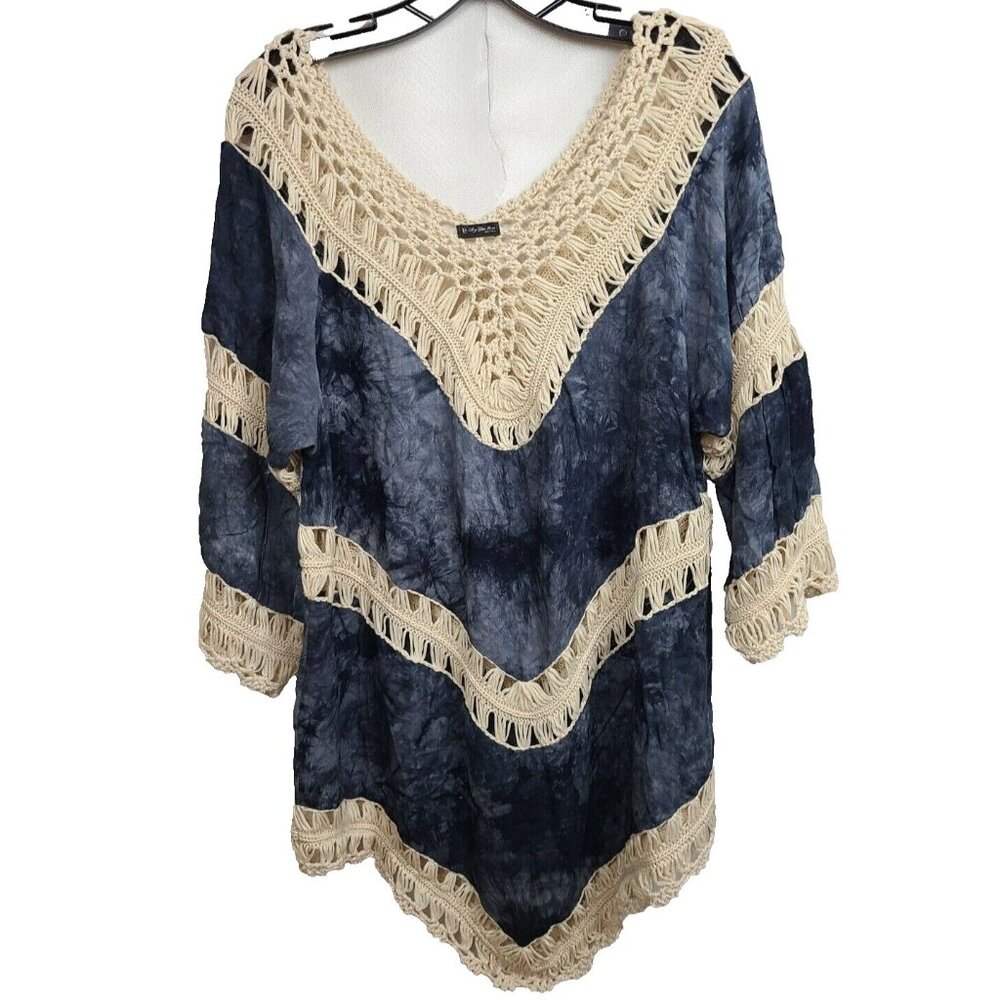 By The Sea Womens BOHO Top One Size Blue Tie‎ Dye Crochet Pointed Hem Festival